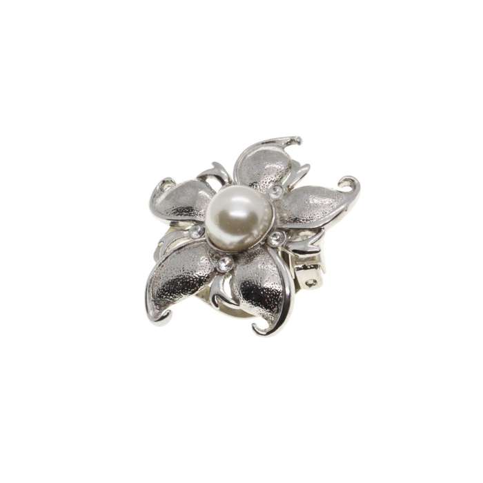 Scarf Clip - Vintage Silver Tone Flower Scarf Clip. Large Faux Pearl Centre. Small Diamantes - ML...