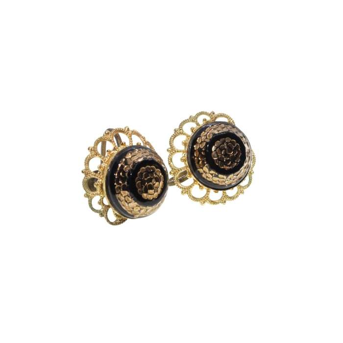 Earrings - Gold Tone Vintage Round Black and Gold Screw on Earrings. Filigree. - ML3407