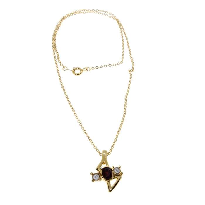 Pendant - Gold Tone Chain. Pendant Centre Red Stone with two Clear Rhinestones - ML3410