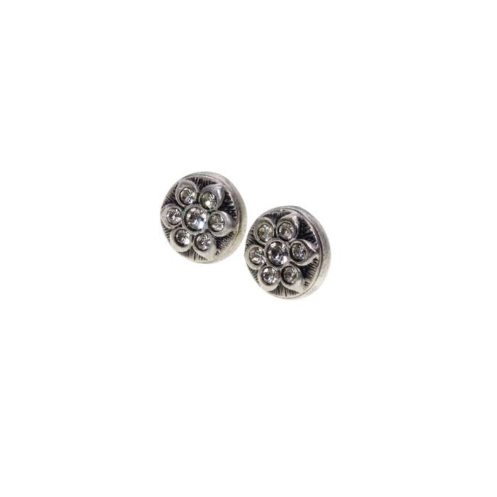 Earrings - Silver Tone Small Round Earrings. Flower set in small Diamantes. Pierced Ears - ML3411