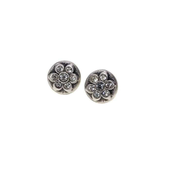 Earrings - Silver Tone Small Round Earrings. Flower set in small Diamantes. Pierced Ears - ML3411