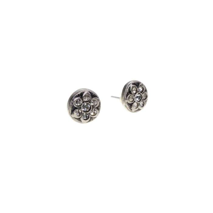 Earrings - Silver Tone Small Round Earrings. Flower set in small Diamantes. Pierced Ears - ML3411