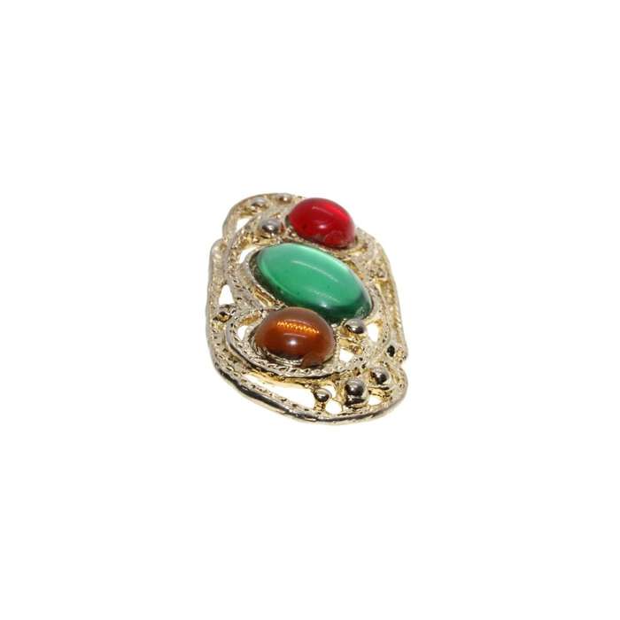 Brooch - Gold Tone Vintage Brooch. 3 Large Multi-Coloured Rhinestones - ML3415