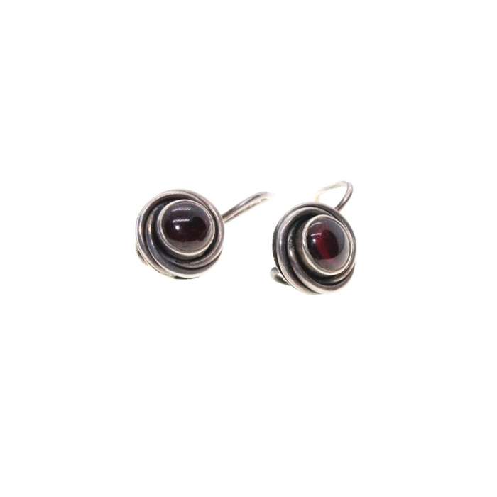 Earrings - Silver Tone Twirl Round Setting with Faux Garnet Hanging Earrings. Pierced Ears - ML3418
