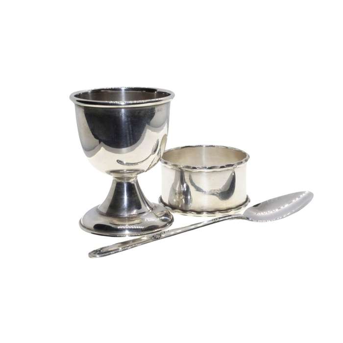 Christening Set - Vintage Silv Plated. Egg Cup Spoon & Serviette Ring. England. Orig Box - ML3424