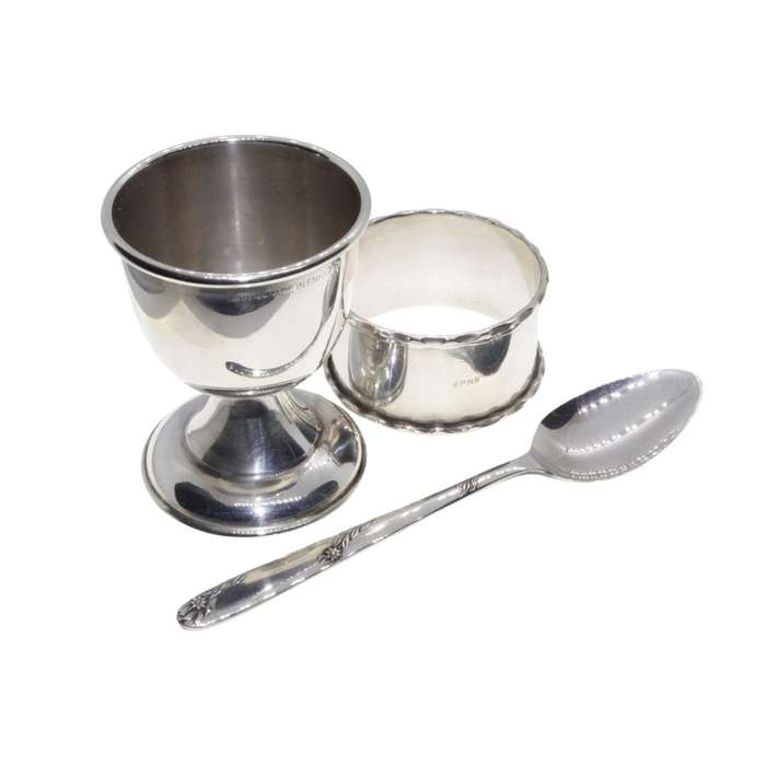 Christening Set - Vintage Silv Plated. Egg Cup Spoon & Serviette Ring. England. Orig Box - ML3424