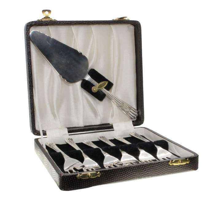 Cake Forks - Vintage EPNS Forks x 6. Pastry Lifter. Made in England. Original box (worn) - ML3426