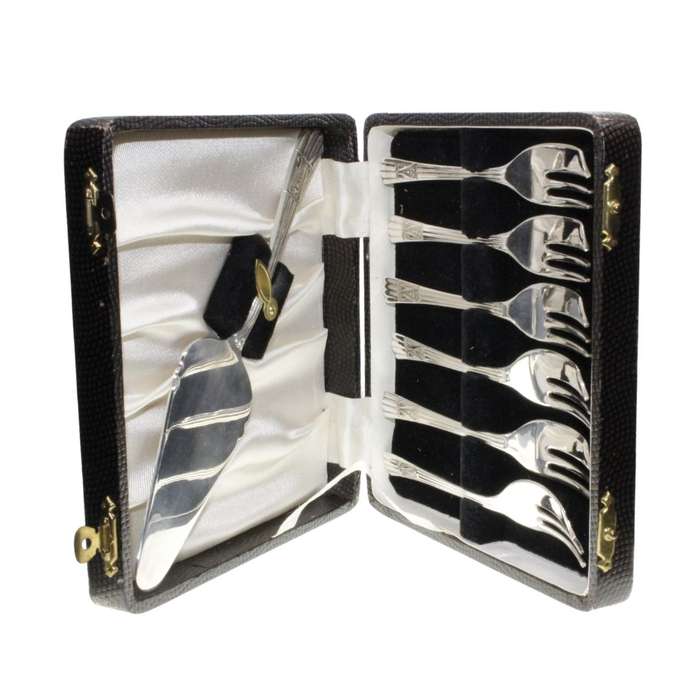 Cake Forks - Vintage EPNS Forks x 6. Pastry Lifter. Made in England. Original box (worn) - ML3426