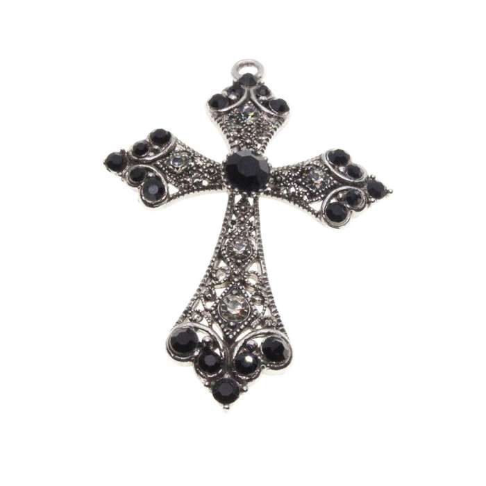 Pendant - Vintage Silver Tone Cross Pendant / Filigree and Rhinestones - ML3460