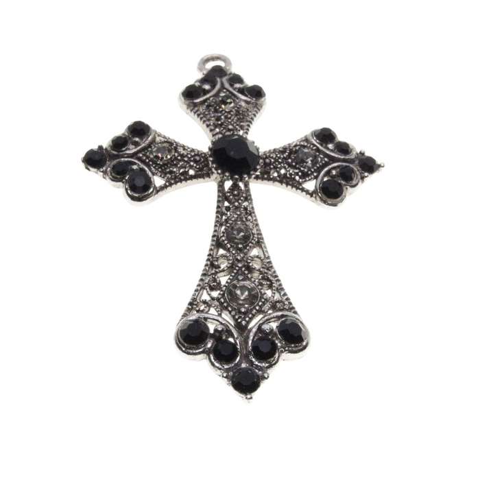 Pendant - Vintage Silver Tone Cross Pendant / Filigree and Rhinestones - ML3460