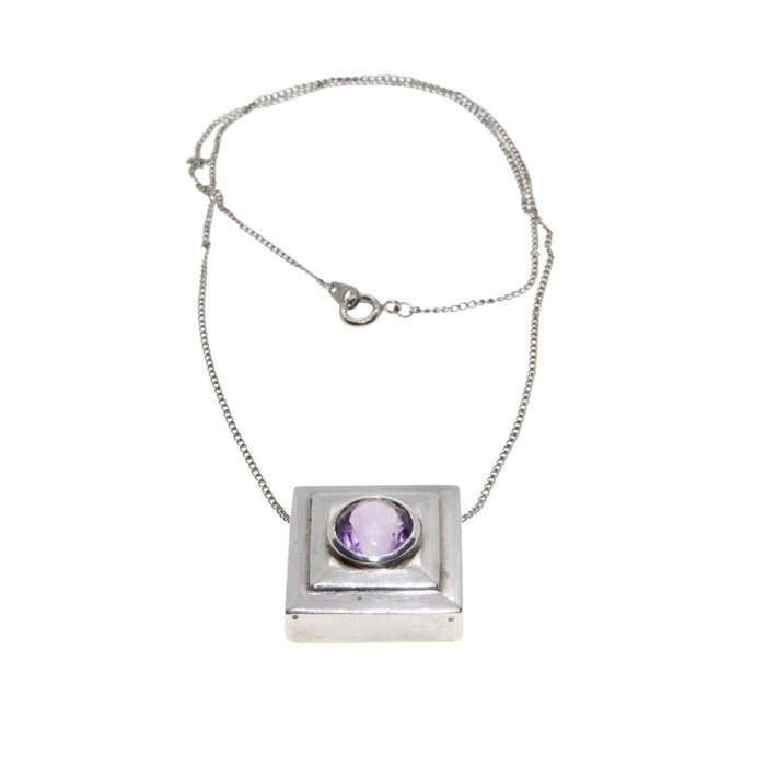 Necklace - Silver. Wear as Diamond or Square Style. Amathyst colour Stone in Cabochon. - ML3465