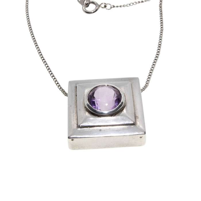 Necklace - Silver. Wear as Diamond or Square Style. Amathyst colour Stone in Cabochon. - ML3465