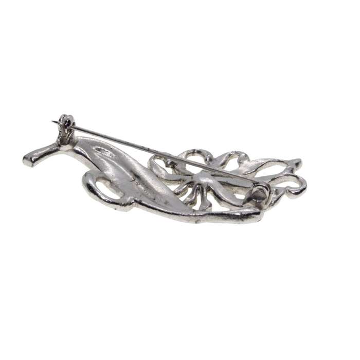 Brooch - Silver Tone Marcasite Brooch Flower and Leaf Design with Metallic Diamantes - ML3480