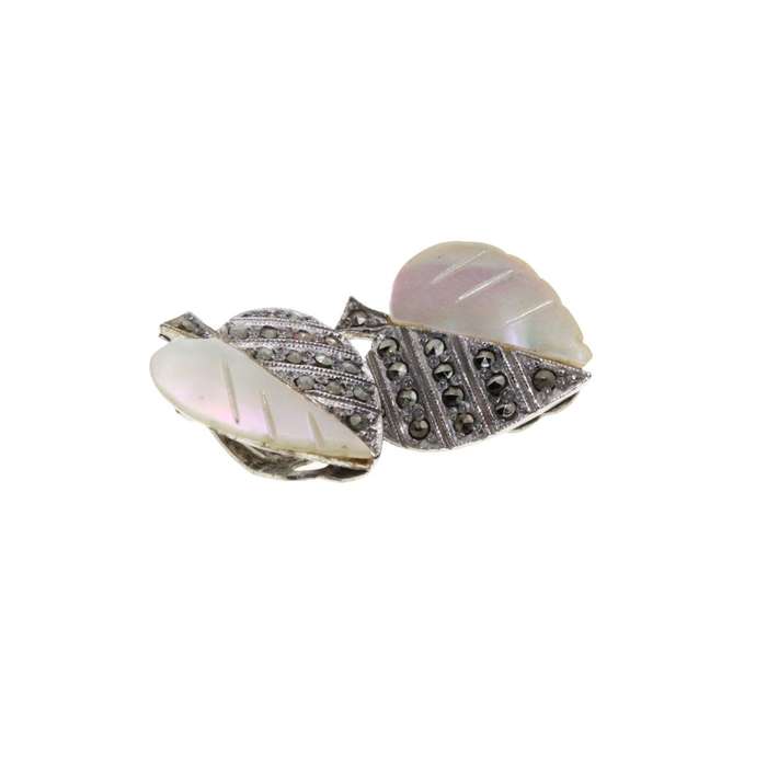 Earrings - Silver Tone Marcasite Leaf Earrings with Mother of Pearl. Clip Ons - ML3481