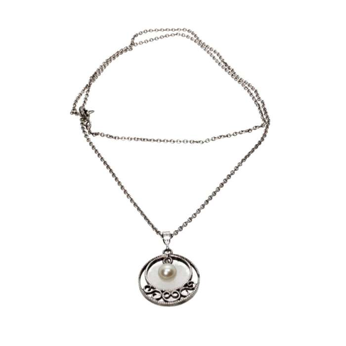 Pendant - Silver with Chain. Open Circle Pendant with Hanging Pearl - ML3505