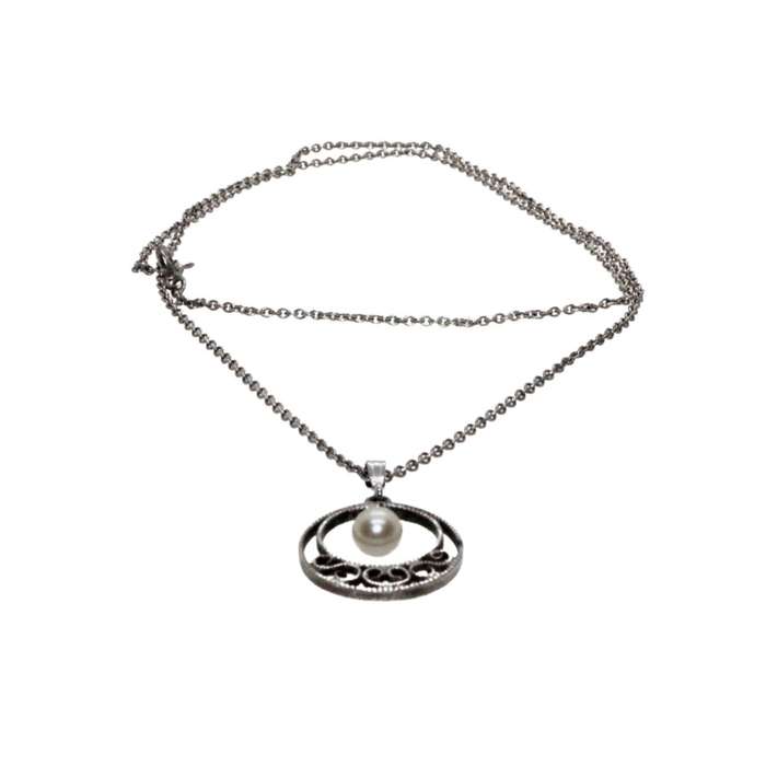 Pendant - Silver with Chain. Open Circle Pendant with Hanging Pearl - ML3505