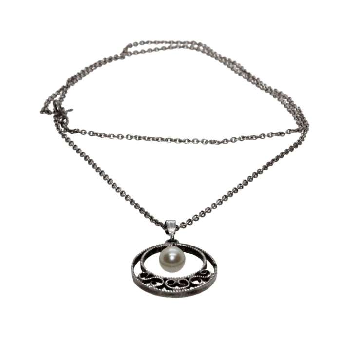 Pendant - Silver with Chain. Open Circle Pendant with Hanging Pearl - ML3505