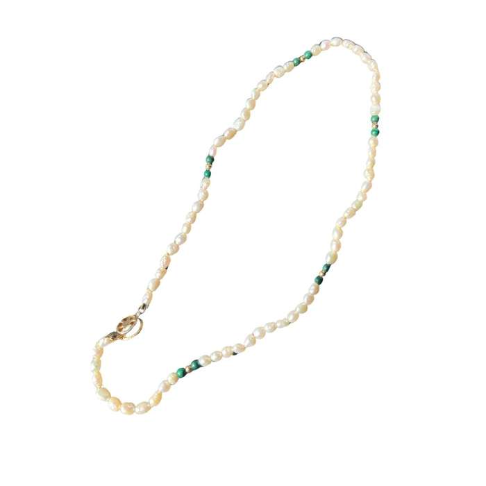 Necklace- Gold Tone Faux Pearl Clasp. White Fresh Water Pearls with Malachite Beaded Necklace - M...