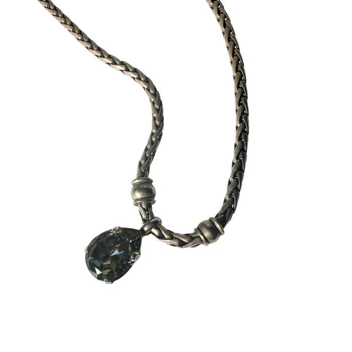 Necklace - Vintage Dark Grey Tone Chain. Pendant Teardrop Faceted Clear Stone - ML3574