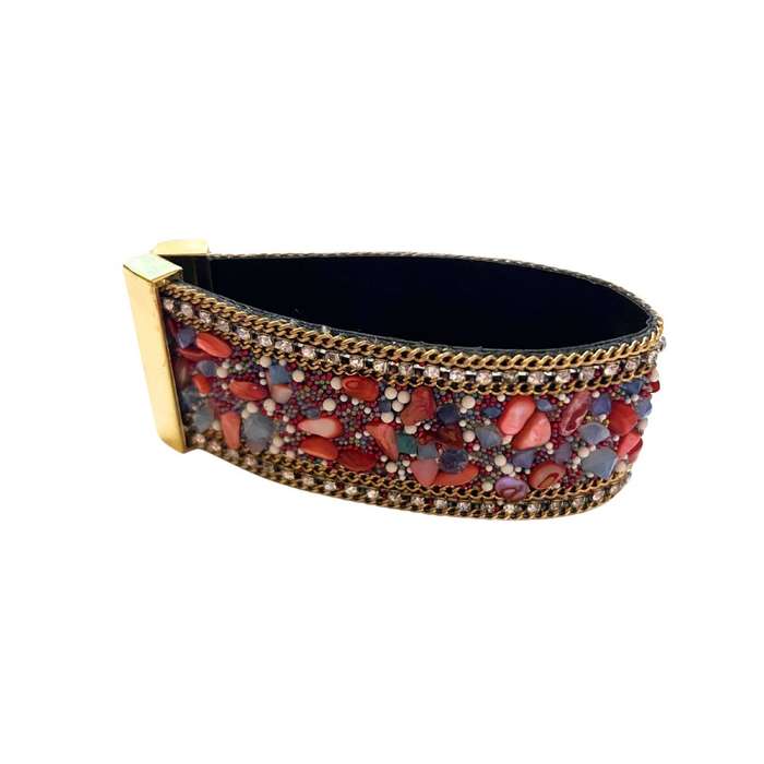 Bracelet - Gold tone multi colour beaded bangle pastel colour stones. Magnetic clasp. - ML3597