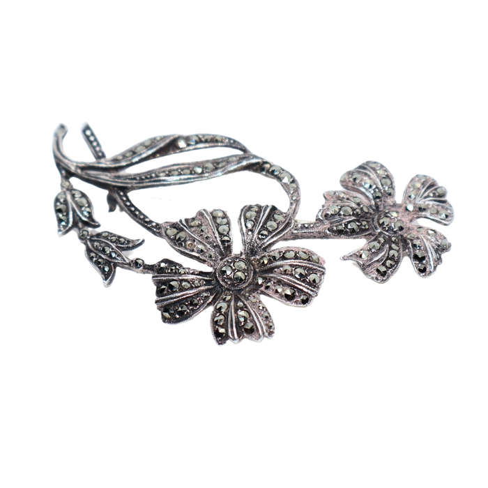 Antique - Silver Marcasite Double Flowe Brooch - 1920/30. Stamped . Made in England - ML3616