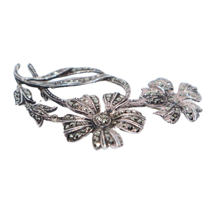 Antique - Silver Marcasite Double Flowe Brooch - 1920/30. Stamped . Made in England - ML3616