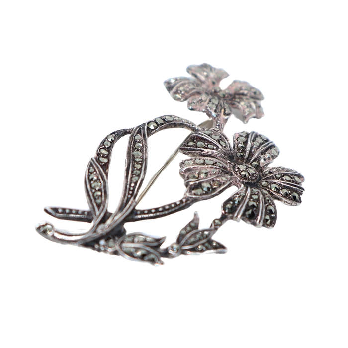 Antique - Silver Marcasite Double Flowe Brooch - 1920/30. Stamped . Made in England - ML3616