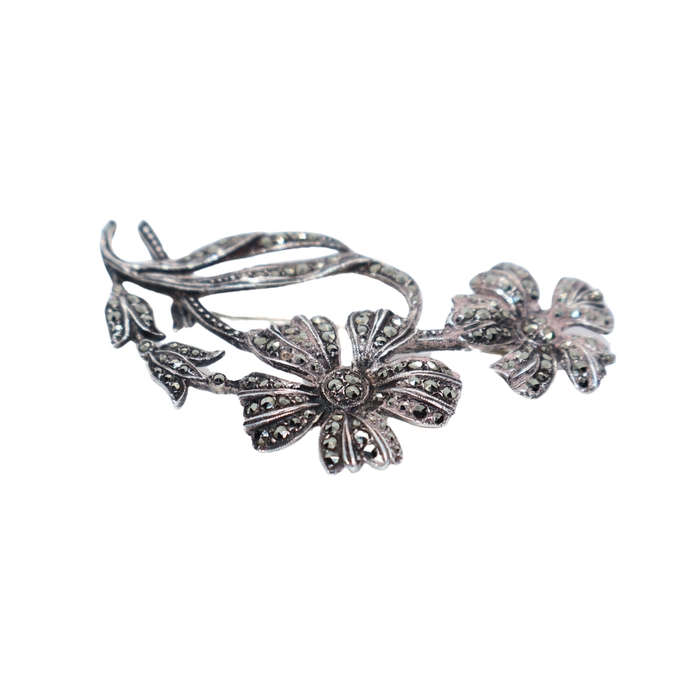 Antique - Silver Marcasite Double Flowe Brooch - 1920/30. Stamped . Made in England - ML3616
