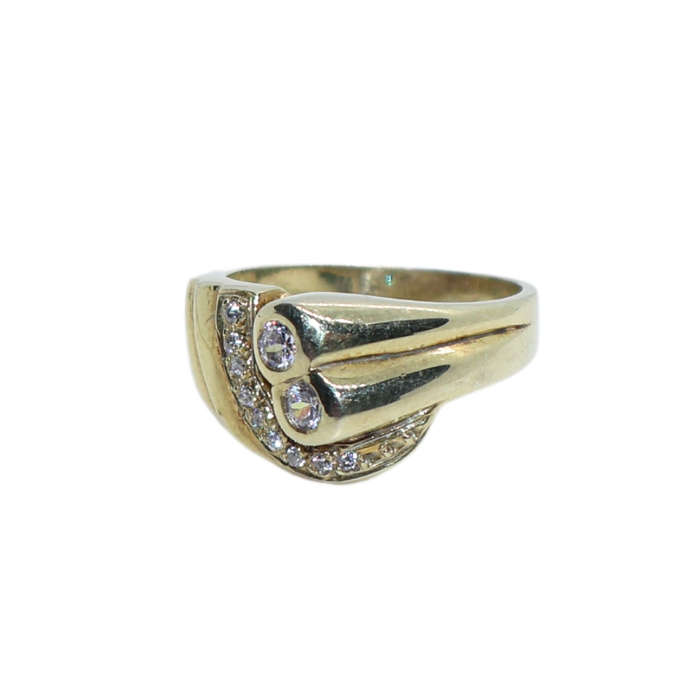 Ring - Silver Gilt. Band line of small clear stones. 2 x tubular  design. 2 x clear stones - ML3646