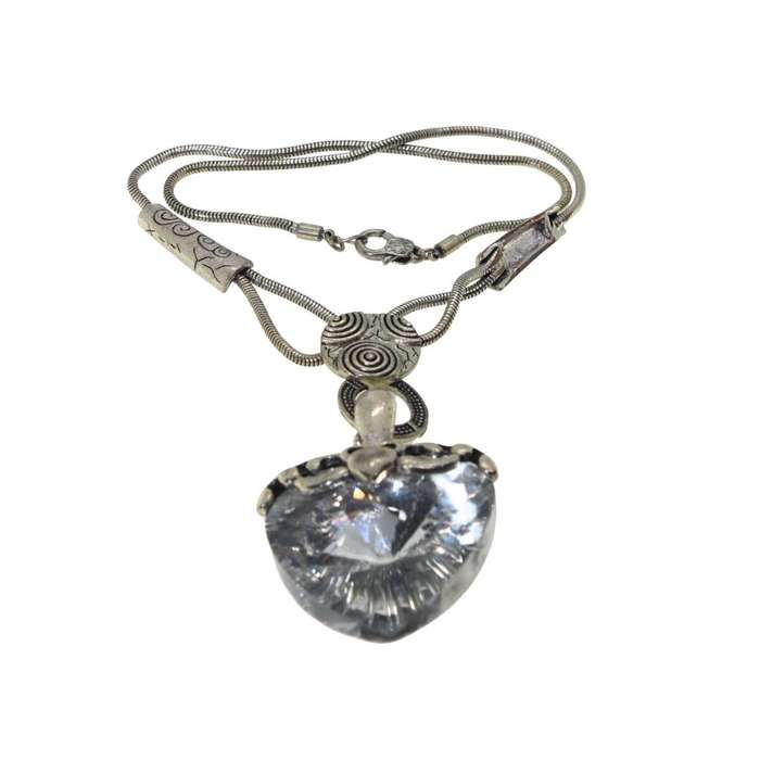 Necklace - Large Heart Pendant with Silver Chain with Patterned Shapes. Silver Colour #ML163