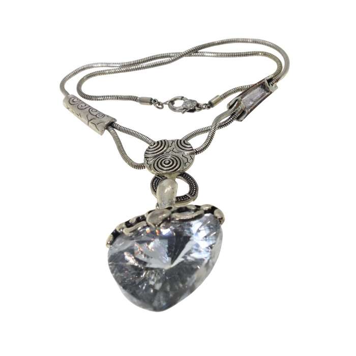 Necklace - Large Heart Pendant with Silver Chain with Patterned Shapes. Silver Colour #ML163