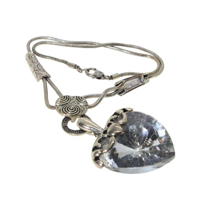 Necklace - Large Heart Pendant with Silver Chain with Patterned Shapes. Silver Colour #ML163