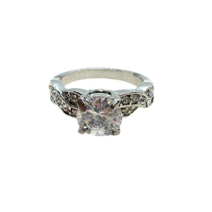Ring - Silver Tone Band With Clear Stone, Twisted Diamante Sides #ML279