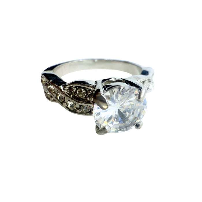 Ring - Silver Tone Band With Clear Stone, Twisted Diamante Sides #ML279