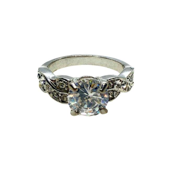 Ring - Silver Tone Band With Clear Stone, Twisted Diamante Sides #ML279