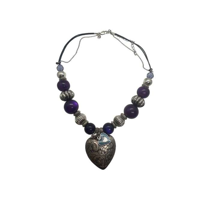 Pendant - Silver Tone Purple & Silver balls. Large heart . Pleather and siilver tone chain - ML3656