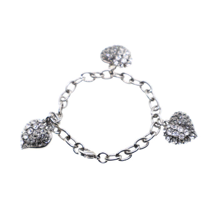 Bracelet -  Silver Tone link Chain. 3 x Diamante Hearts - ML3672