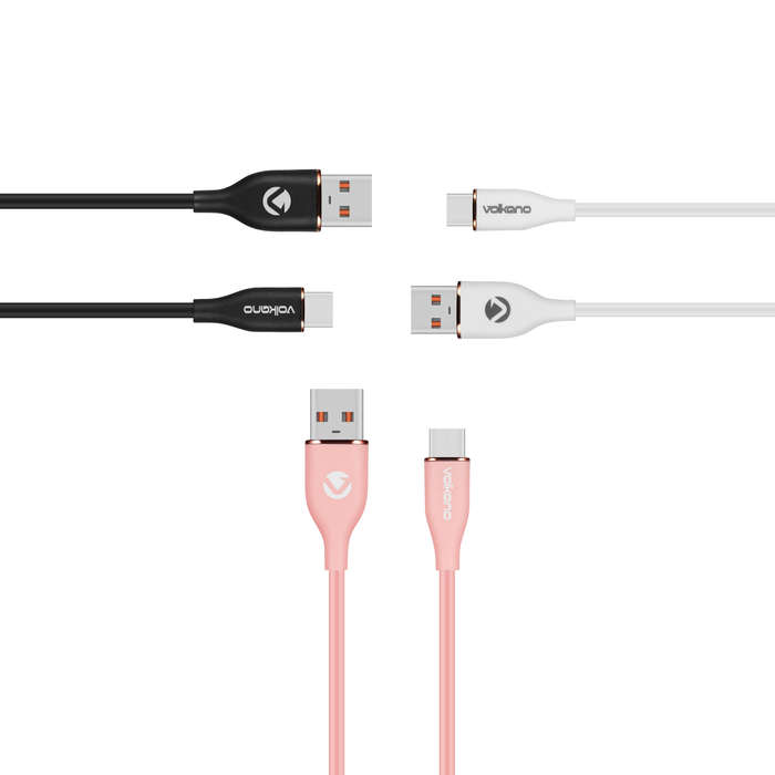 Volkano Flexi Series USB to Type-C Canble Bundle of 3 - White Pink and Black