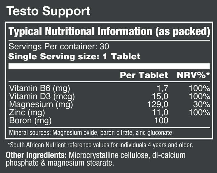  Vitatech Testo Support 30 Tabs - Nutritional Information