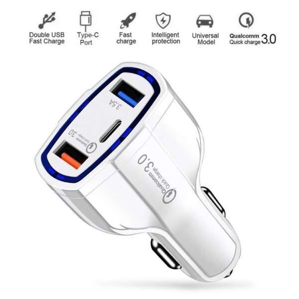 USB Car Charger - QC 3.0 - Type C Fast Charging Adapter - 7A 3-Ports