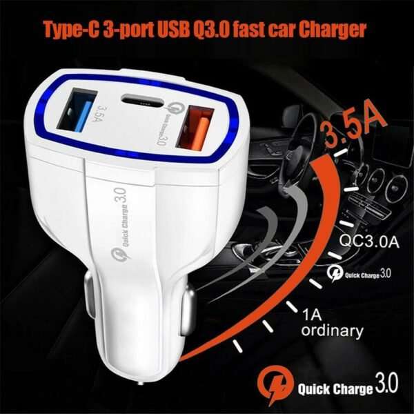 USB Car Charger - QC 3.0 - Type C Fast Charging Adapter - 7A 3-Ports