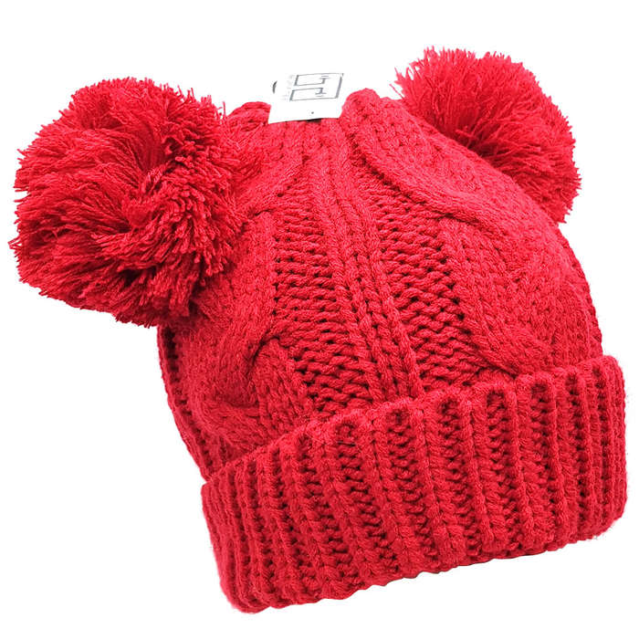 Winter Warm Knitted Twin Pom Pom Beanie - Rose