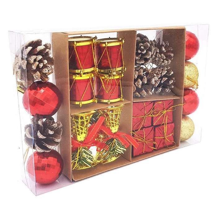 Bufftee 24 Piece Small Christmas Tree Baubles Pine Cones Bells Drums - Red