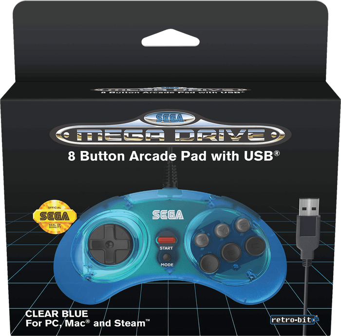 Retro-Bit SEGA Mega Drive 8 Button USB Arcade Pad - Clear Blue (PC)(New) - Retro-Bit 600G