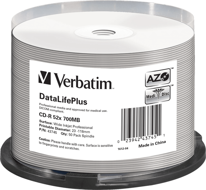 Verbatim DataLifePlus Printable 700MB Blank 52x CD-R - 50 Pack Spindle (New) - Verbatim 350G