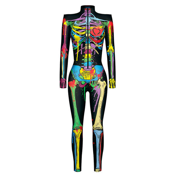 Scary Multiple Colors Bone 3D Digital Printed Unitard Skeleton High Neck Bodysuit Halloween Costu...