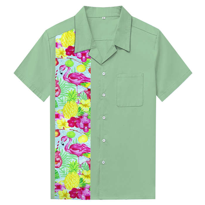 Green Flamingo Print Male Fifties Bowling Shirt N17724