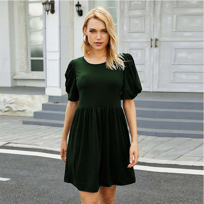 Elegant Country Style Dark-green Puff Sleeve Round Neck Summer Day Mini Dress N20935