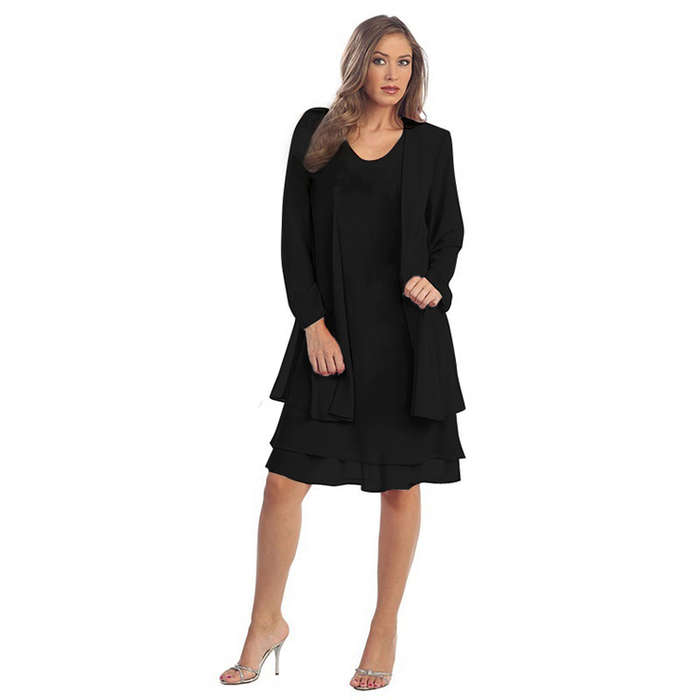 2pcs Elegant Black Chiffon Scoop Neck Tank Dress and Tulle Thin Coat Office Lady Suit N18743