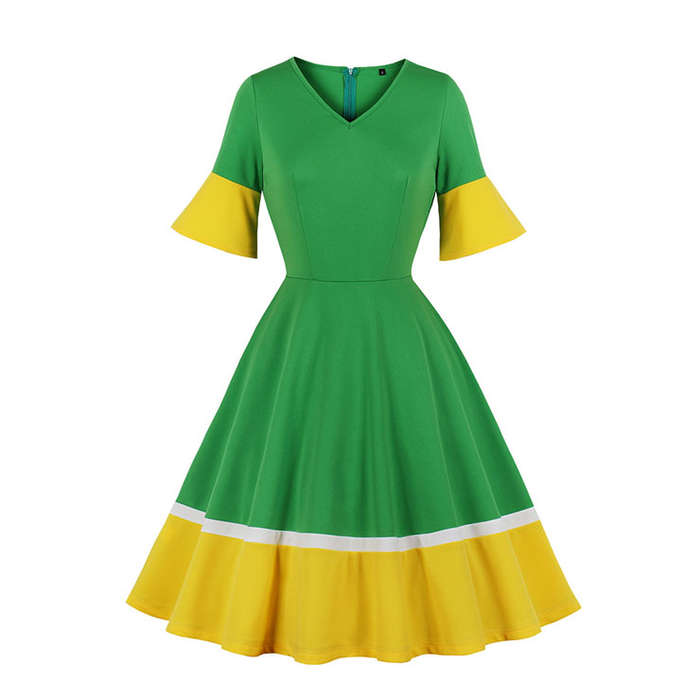 Fashion Eye-catching Green and Yellow Spliced Flared Sleeve Swing Day Dress N19512
